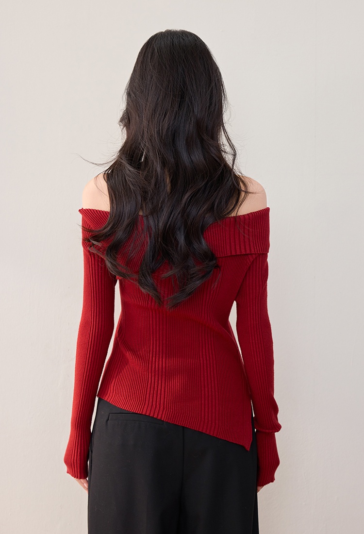 Red flat shoulder sweater sloping shoulder tops for women