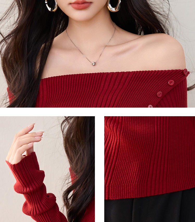 Red flat shoulder sweater sloping shoulder tops for women