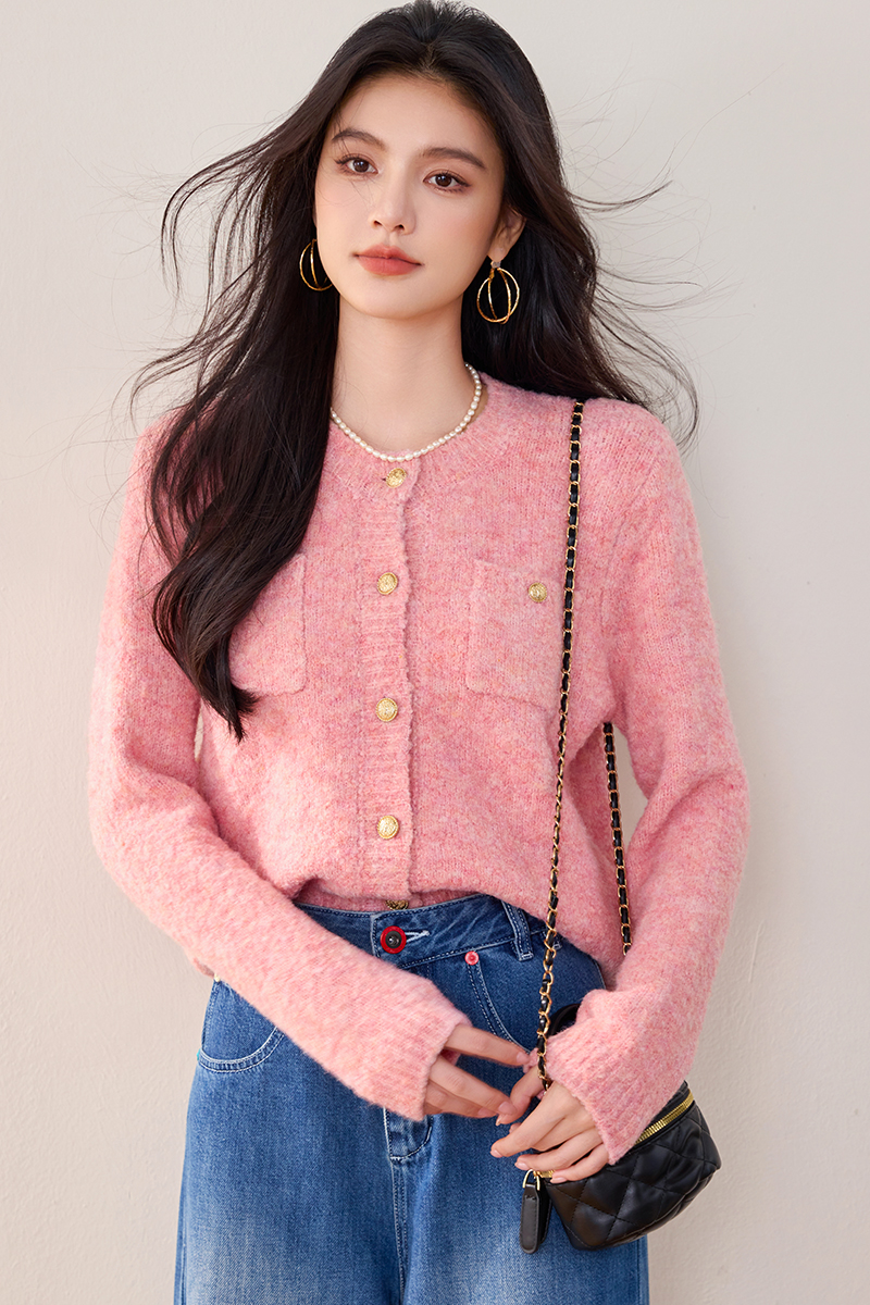 Chanelstyle lazy sweater round neck knitted cardigan for women