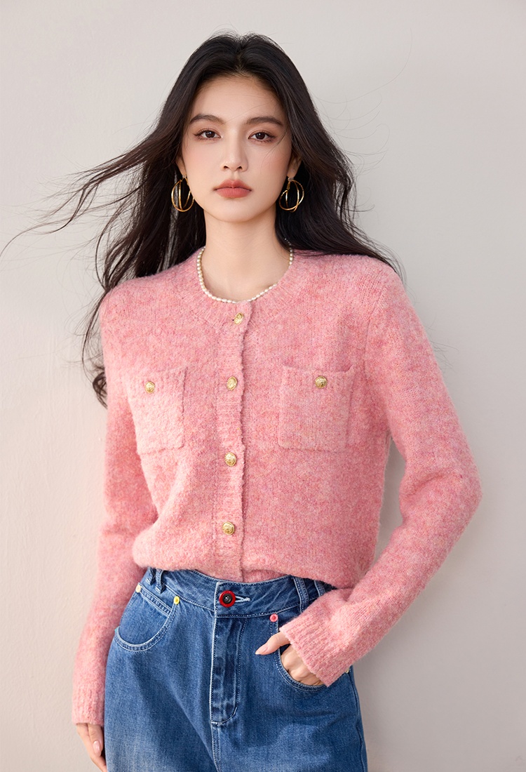 Chanelstyle lazy sweater round neck knitted cardigan for women