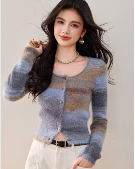 Lazy mixed colors cardigan retro autumn and winter tops