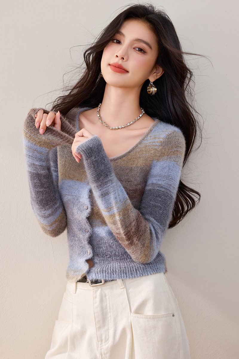 Lazy mixed colors cardigan retro autumn and winter tops