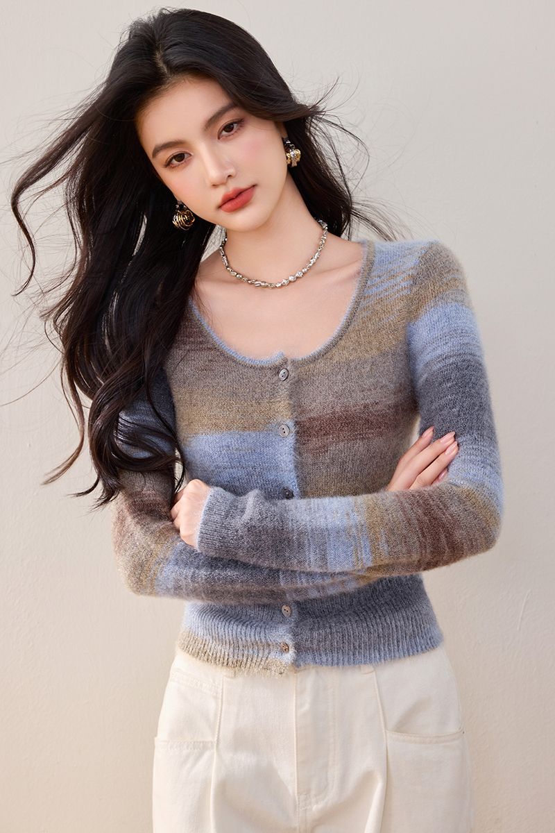 Lazy mixed colors cardigan retro autumn and winter tops