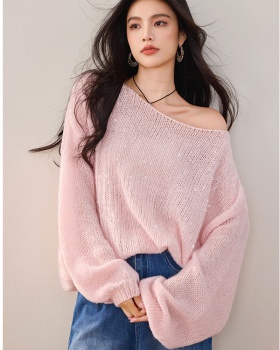 Hollow mohair pink sweater sequins lazy tender tops