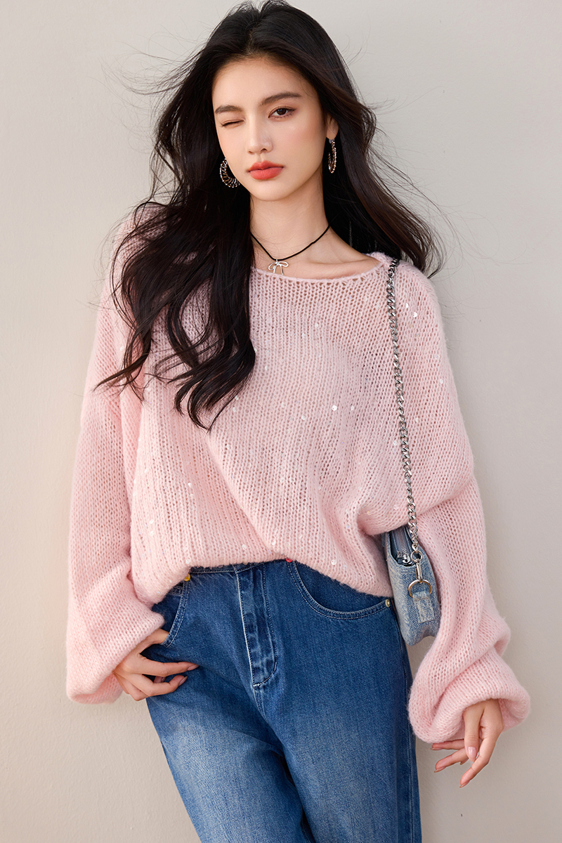 Hollow mohair pink sweater sequins lazy tender tops