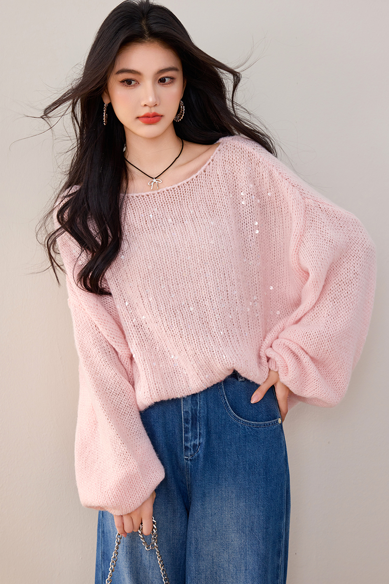 Hollow mohair pink sweater sequins lazy tender tops