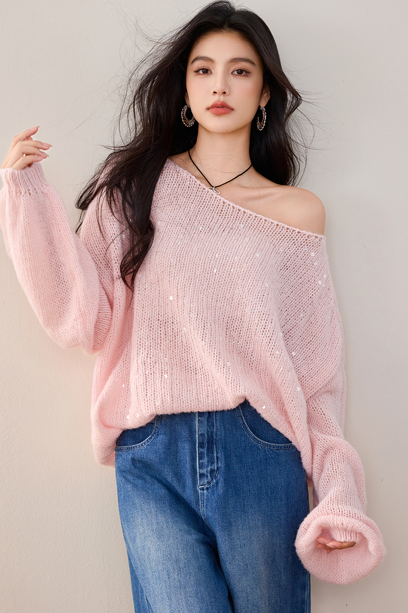 Hollow mohair pink sweater sequins lazy tender tops