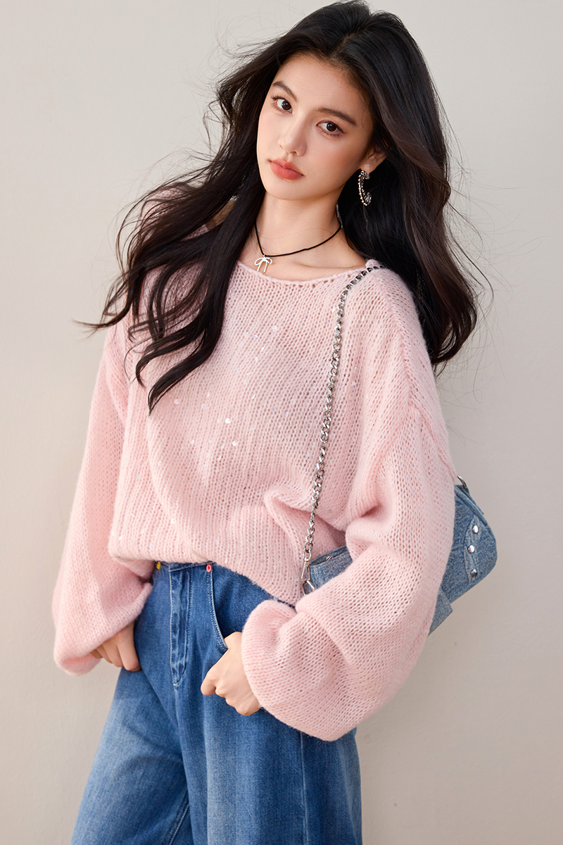 Hollow mohair pink sweater sequins lazy tender tops