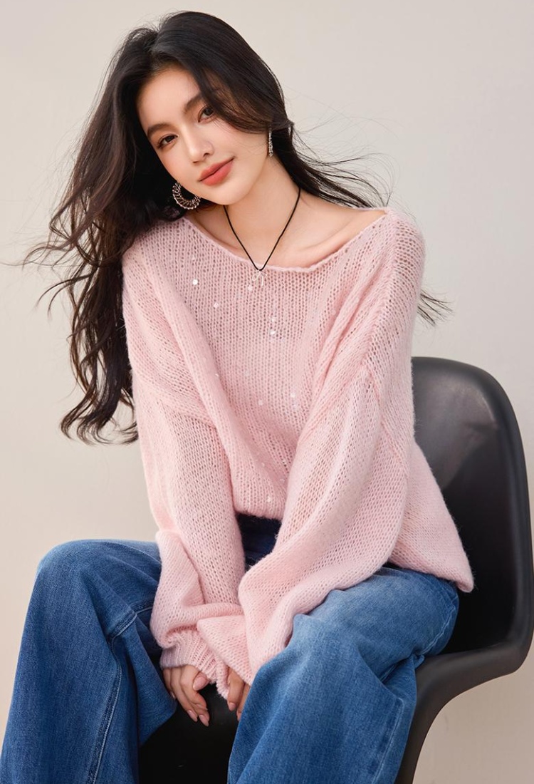 Hollow mohair pink sweater sequins lazy tender tops