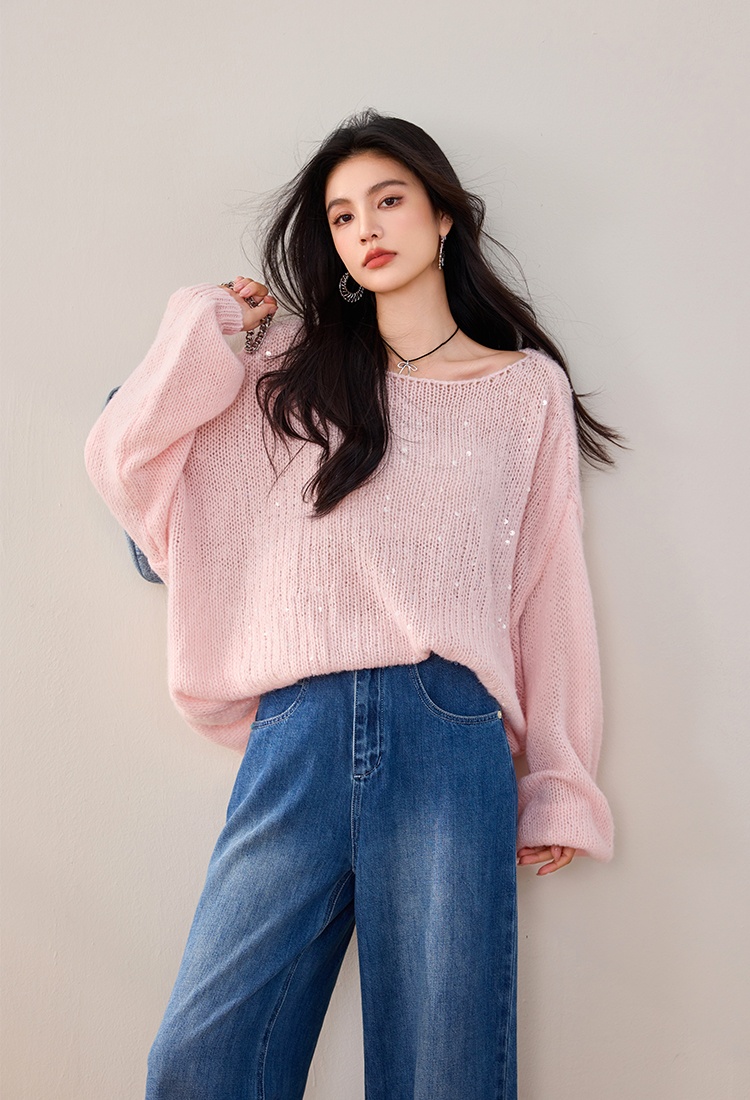 Hollow mohair pink sweater sequins lazy tender tops