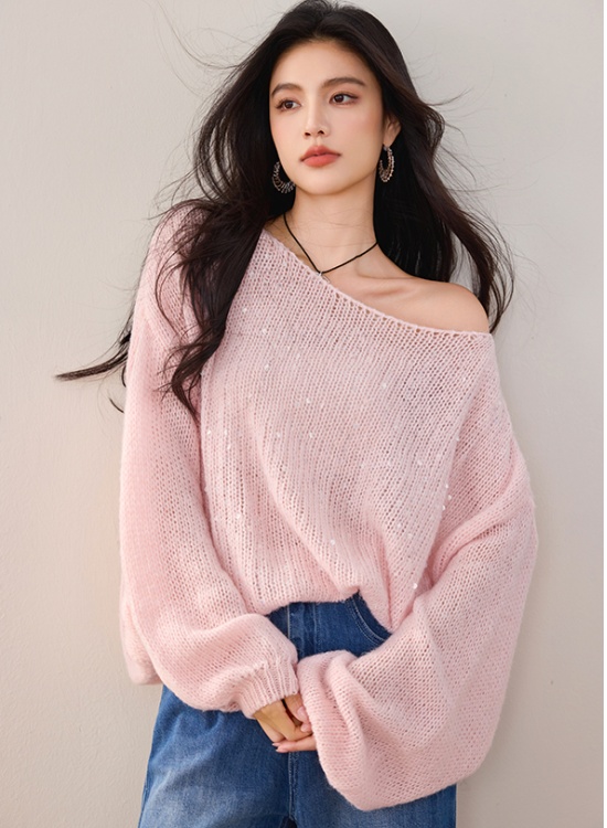 Hollow mohair pink sweater sequins lazy tender tops