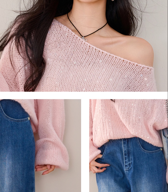 Hollow mohair pink sweater sequins lazy tender tops