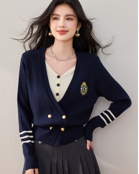 Embroidery Pseudo-two cardigan college style tops for women