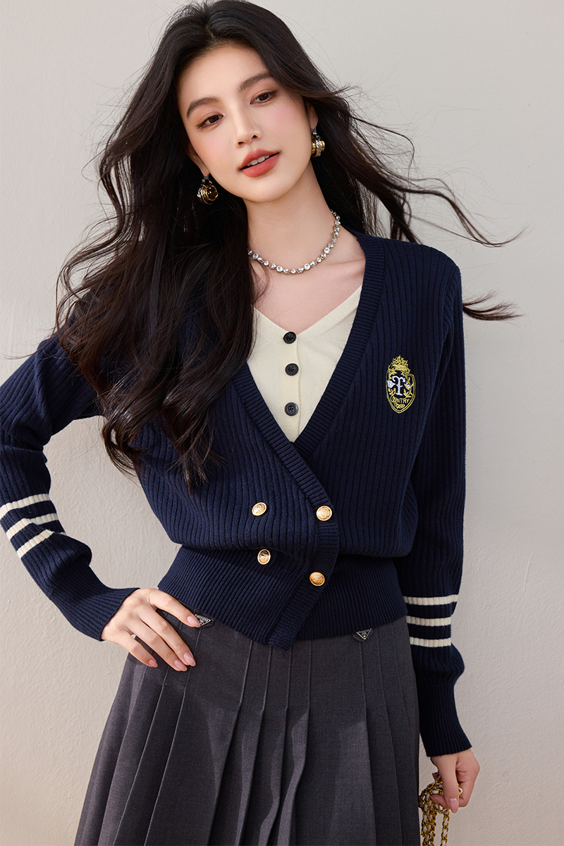 Embroidery Pseudo-two cardigan college style tops for women