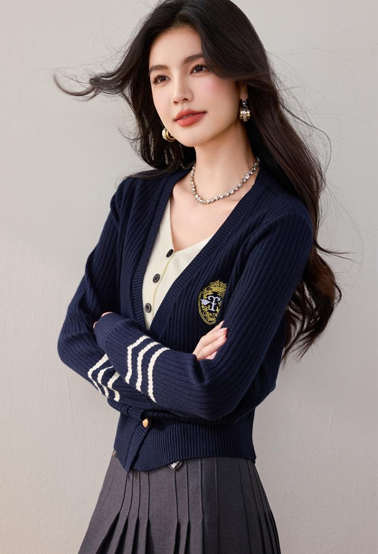 Embroidery Pseudo-two cardigan college style tops for women