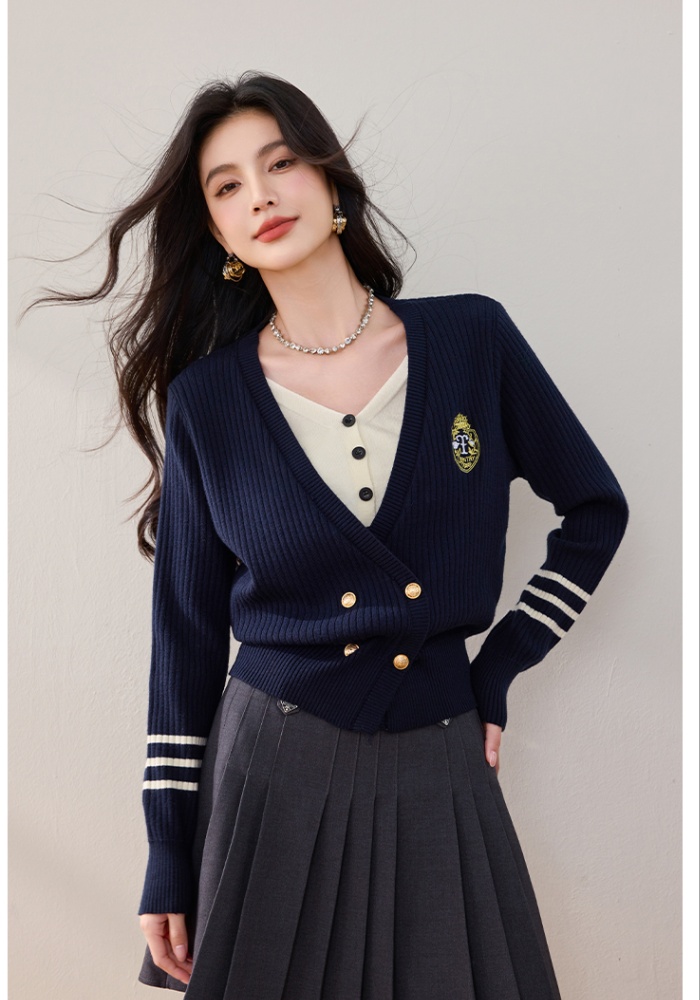 Embroidery Pseudo-two cardigan college style tops for women