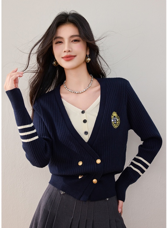 Embroidery Pseudo-two cardigan college style tops for women