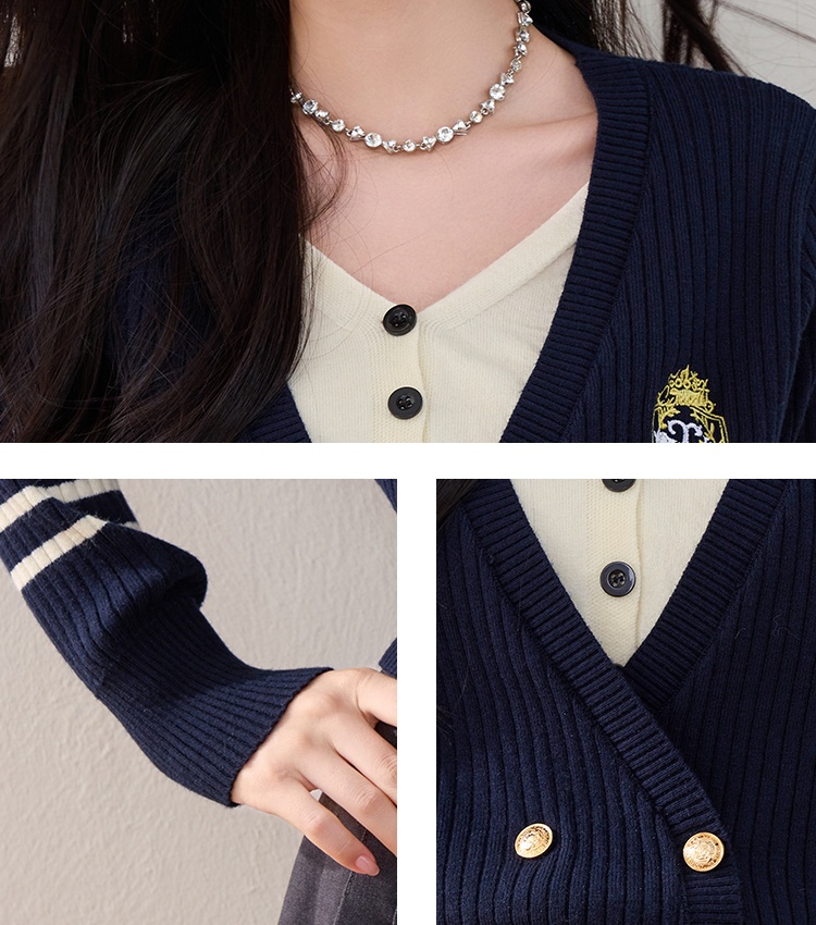 Embroidery Pseudo-two cardigan college style tops for women