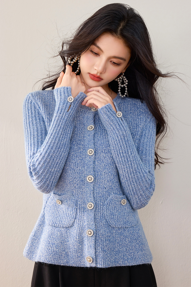 Pocket round sweater chanelstyle cardigan for women