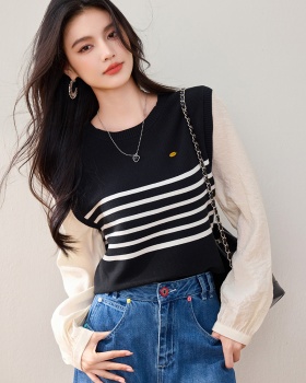 Mixed colors long sleeve autumn Pseudo-two Casual tops