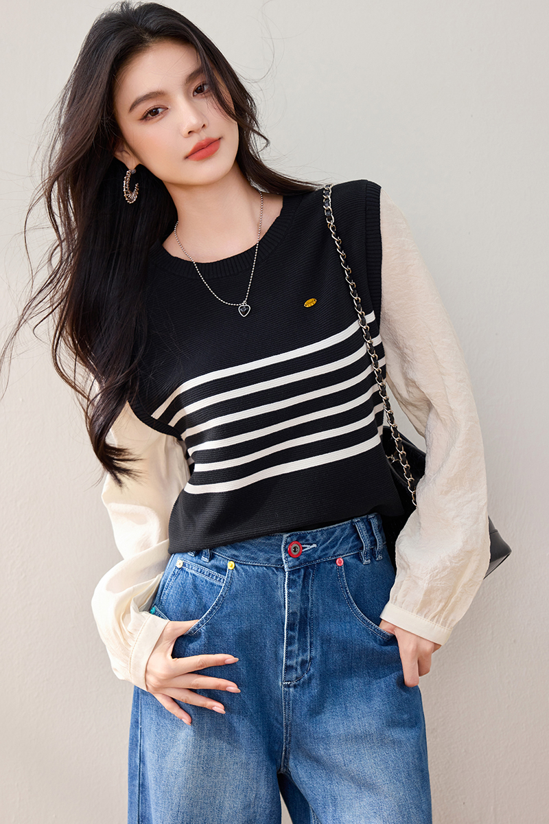 Mixed colors long sleeve autumn Pseudo-two Casual tops