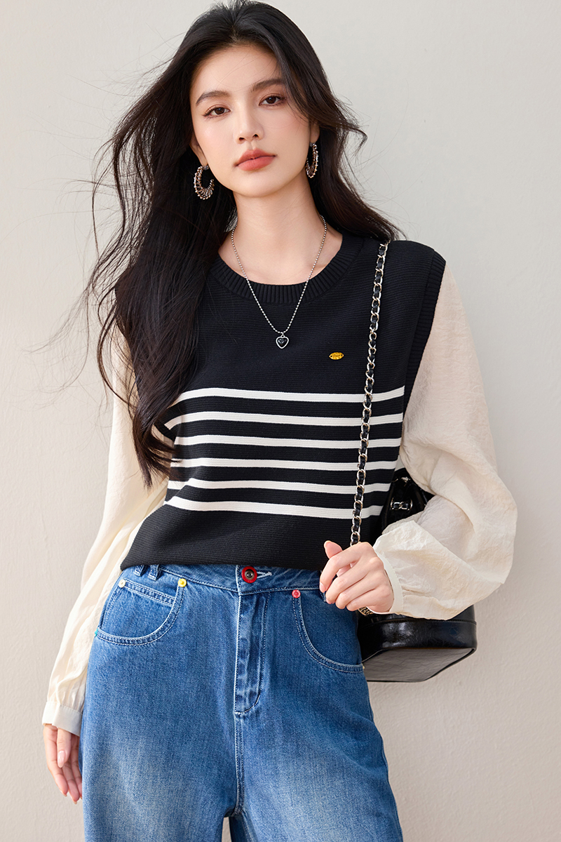 Mixed colors long sleeve autumn Pseudo-two Casual tops