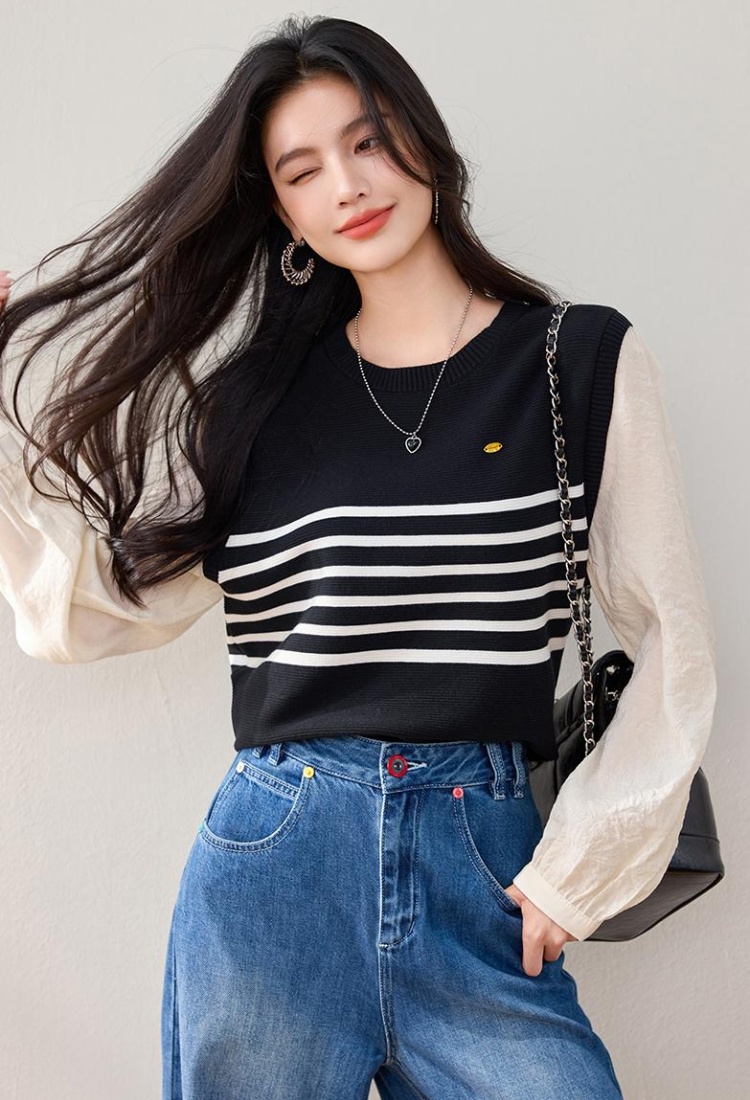 Mixed colors long sleeve autumn Pseudo-two Casual tops