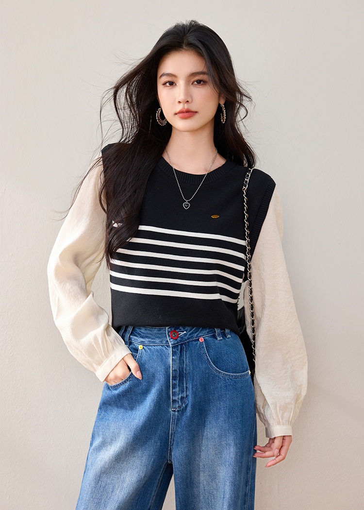 Mixed colors long sleeve autumn Pseudo-two Casual tops