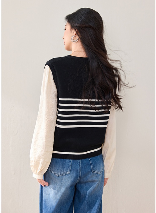 Mixed colors long sleeve autumn Pseudo-two Casual tops