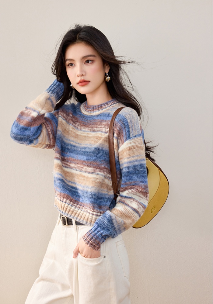 Round neck retro sweater gradient coat for women