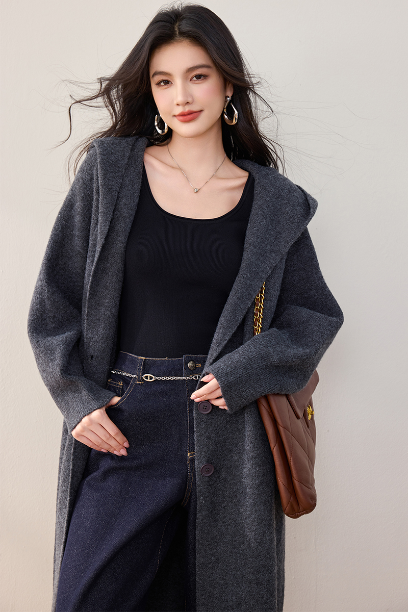 Long lazy overcoat hooded loose sweater for women