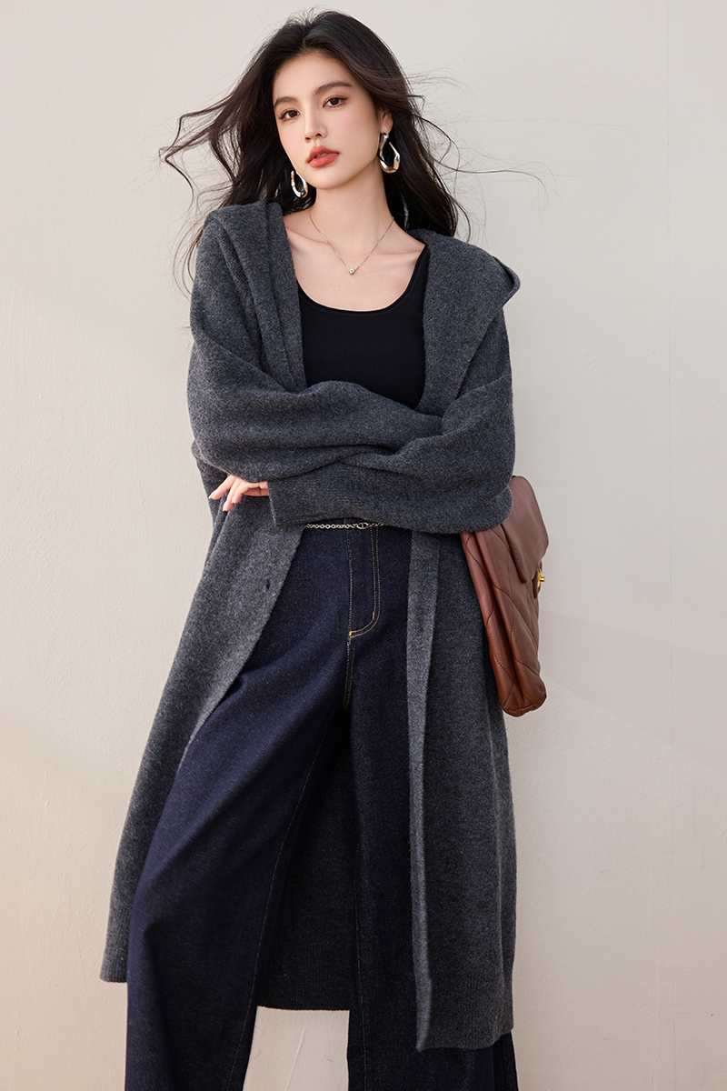 Long lazy overcoat hooded loose sweater for women