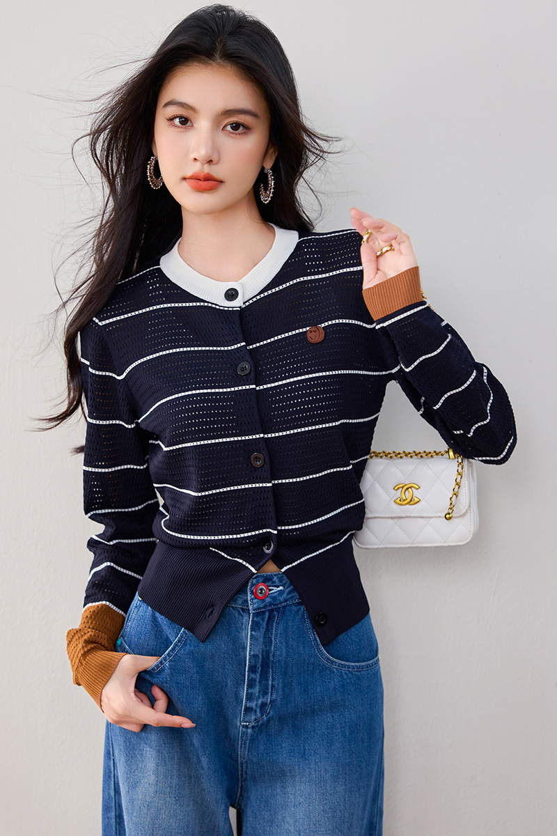 Long sleeve hollow autumn tops commuting pinched waist sweater