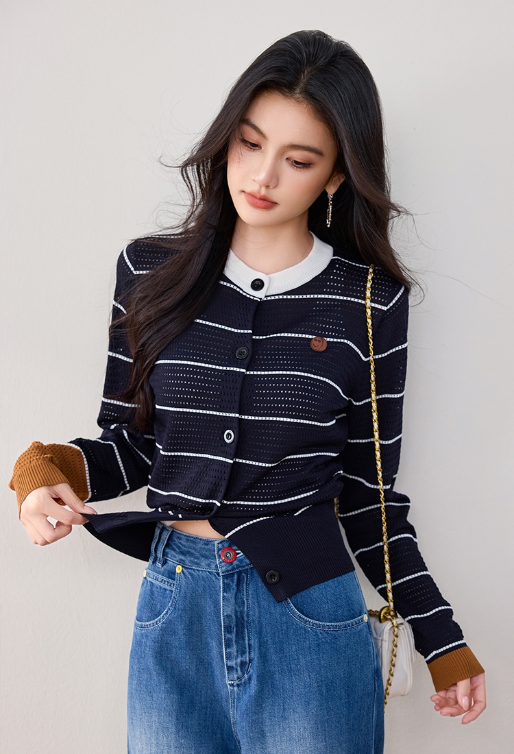 Long sleeve hollow autumn tops commuting pinched waist sweater