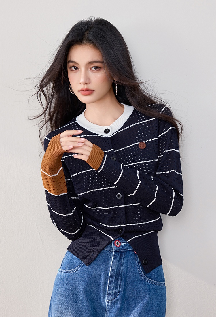 Long sleeve hollow autumn tops commuting pinched waist sweater