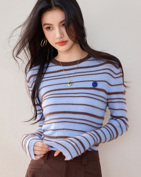 Autumn round neck stripe blending tops for women