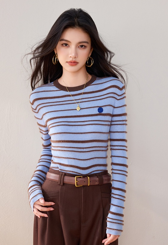 Autumn round neck stripe blending tops for women