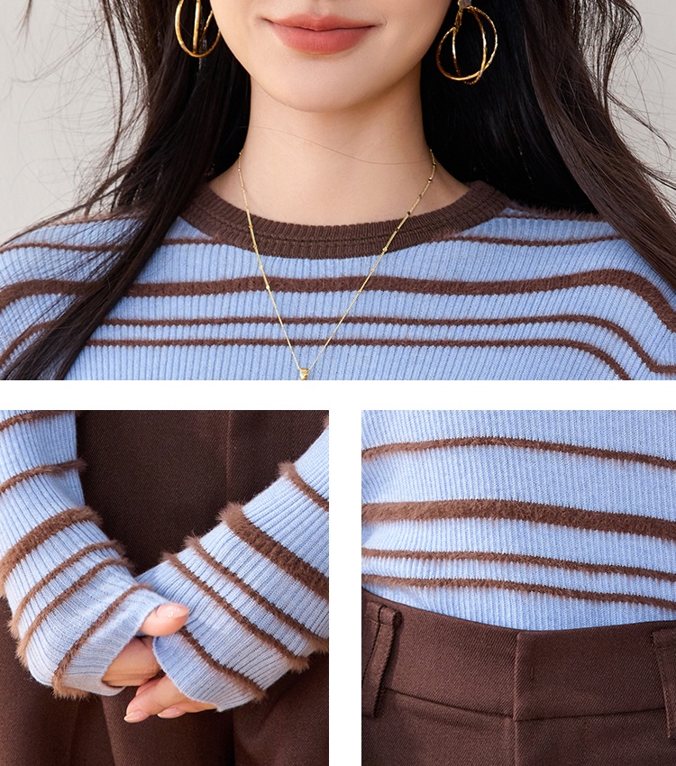 Autumn round neck stripe blending tops for women