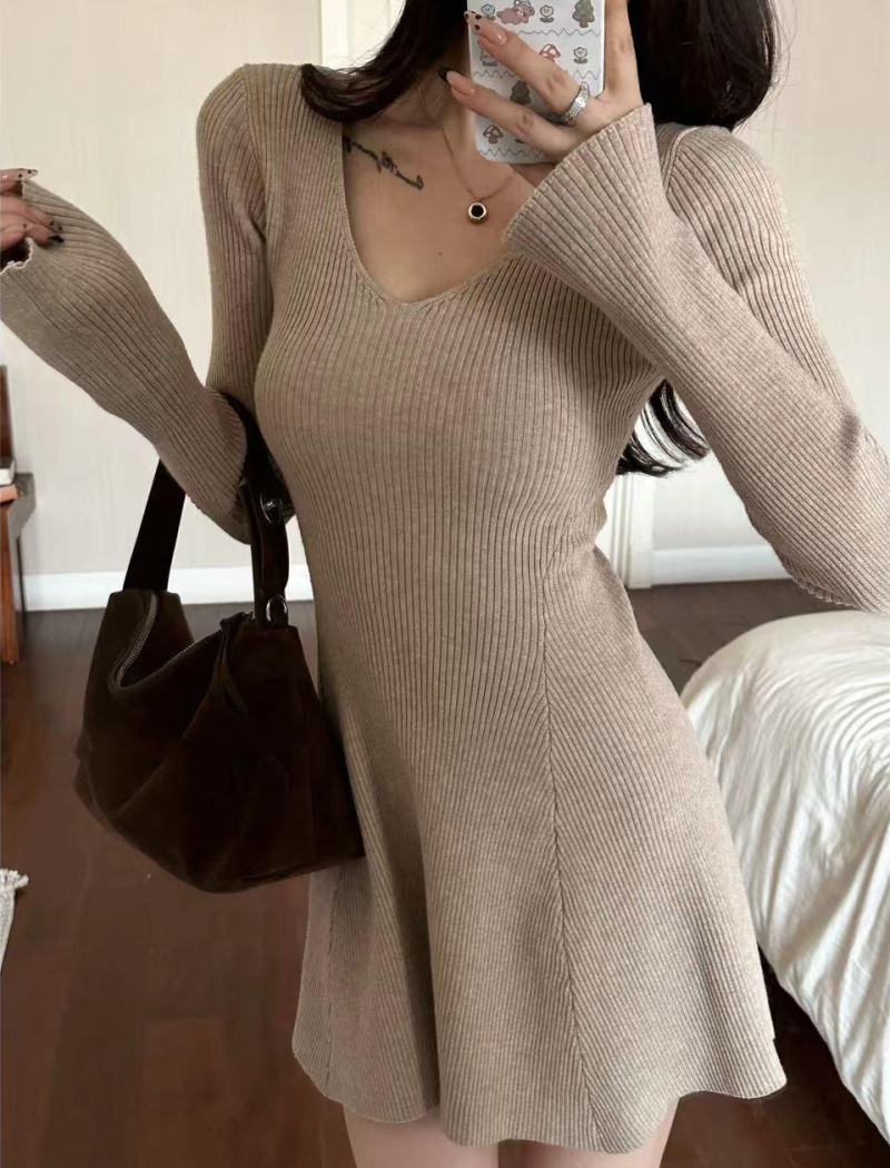 Temperament knitted slim pinched waist dress for women