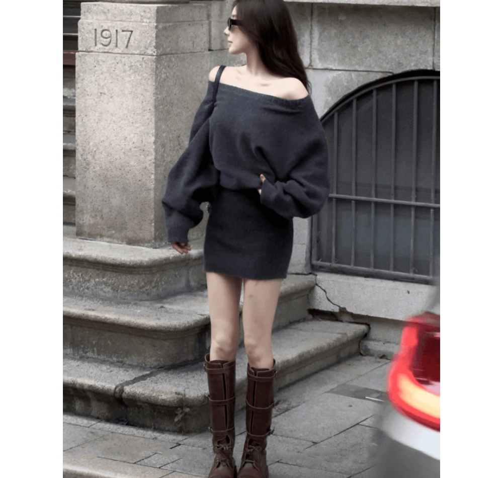 Package hip pinched waist slim sexy sweater dress