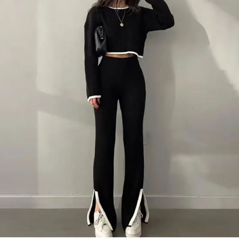 Temperament splice tops knitted long pants 2pcs set