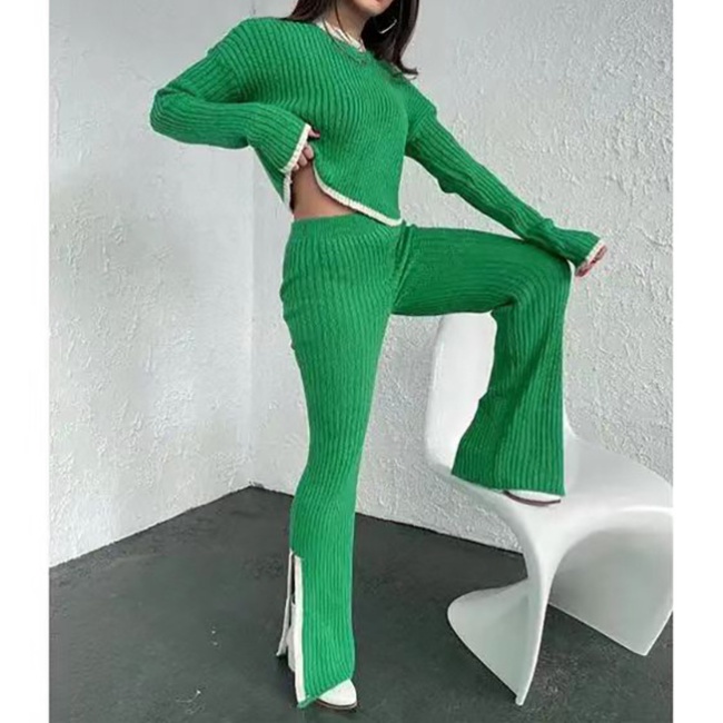 Temperament splice tops knitted long pants 2pcs set