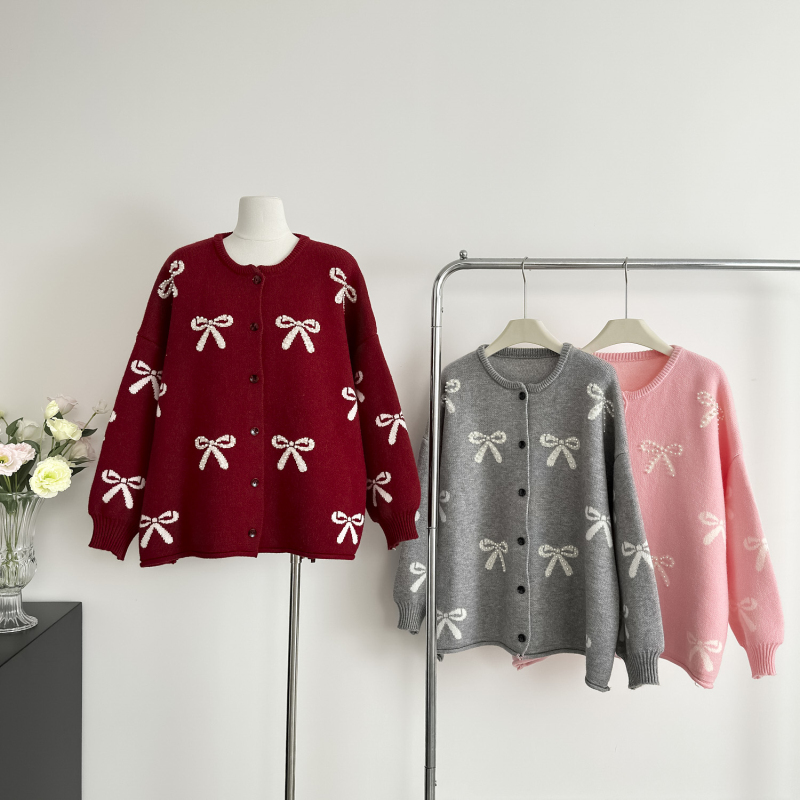 Red autumn and winter tops beading loose cardigan for women