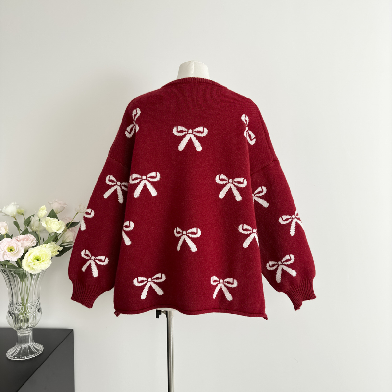 Red autumn and winter tops beading loose cardigan for women