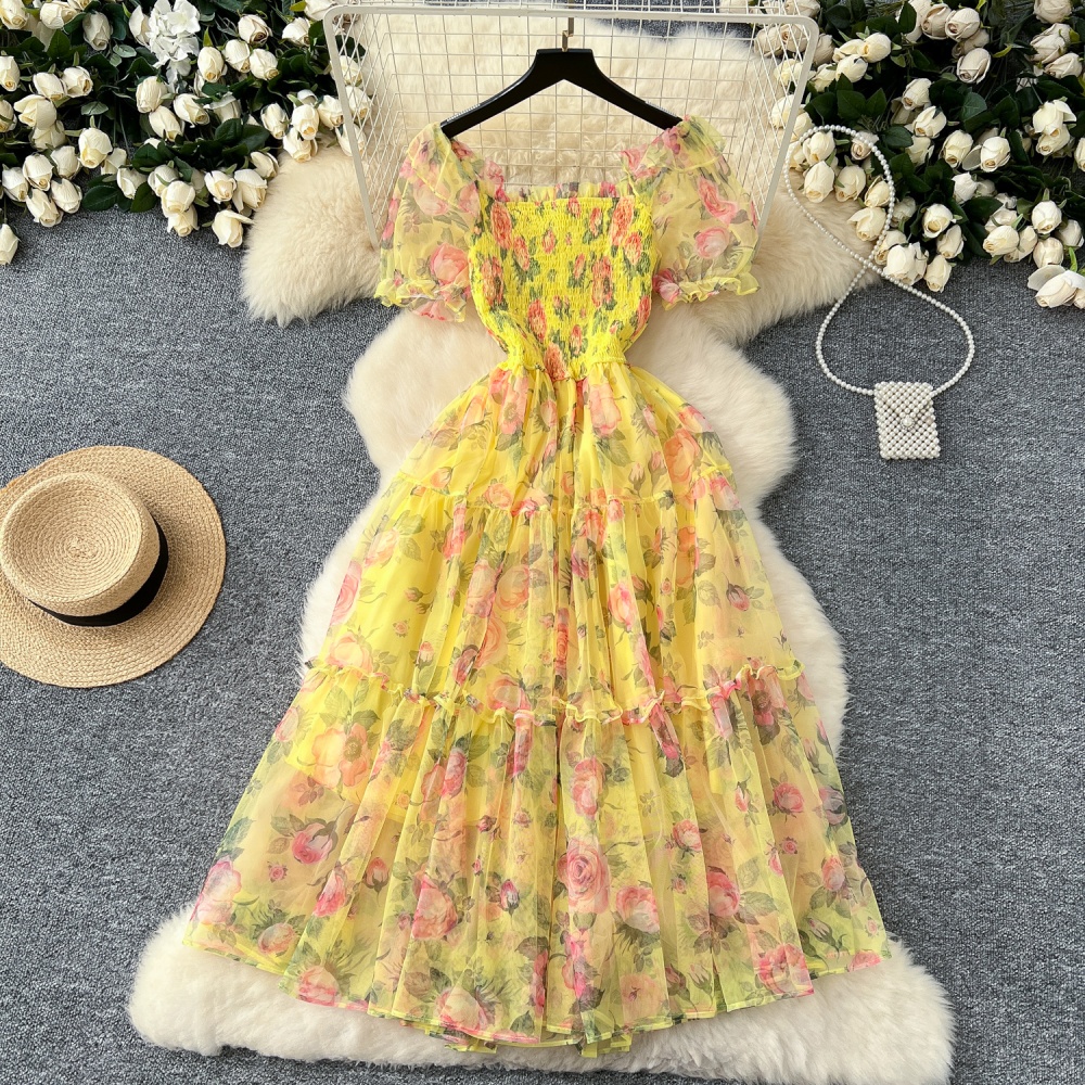 Chiffon puff sleeve Casual gauze dress for women