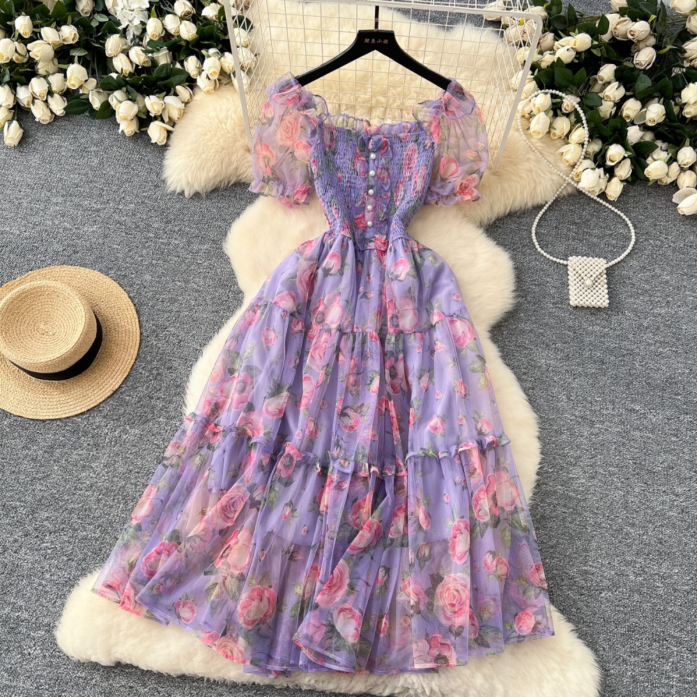 Chiffon puff sleeve Casual gauze dress for women