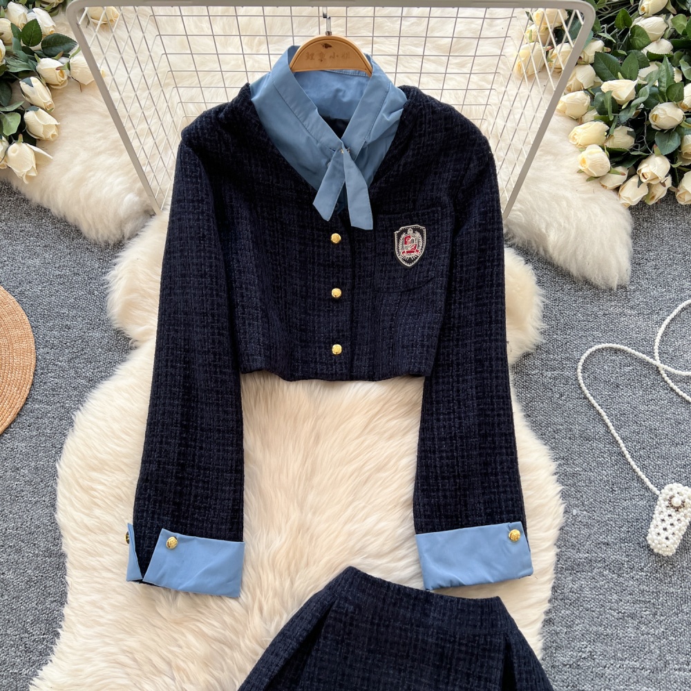 Pleated college style coat Pseudo-two skirt a set