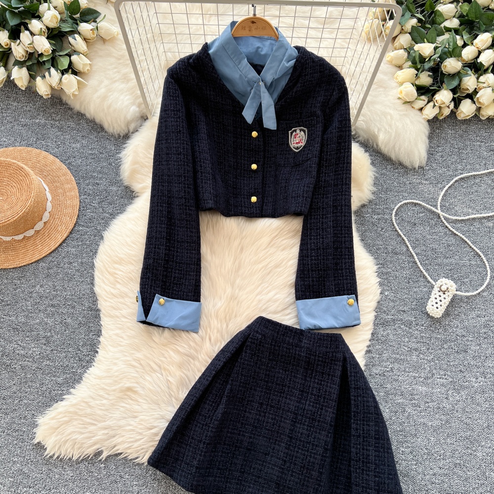 Pleated college style coat Pseudo-two skirt a set