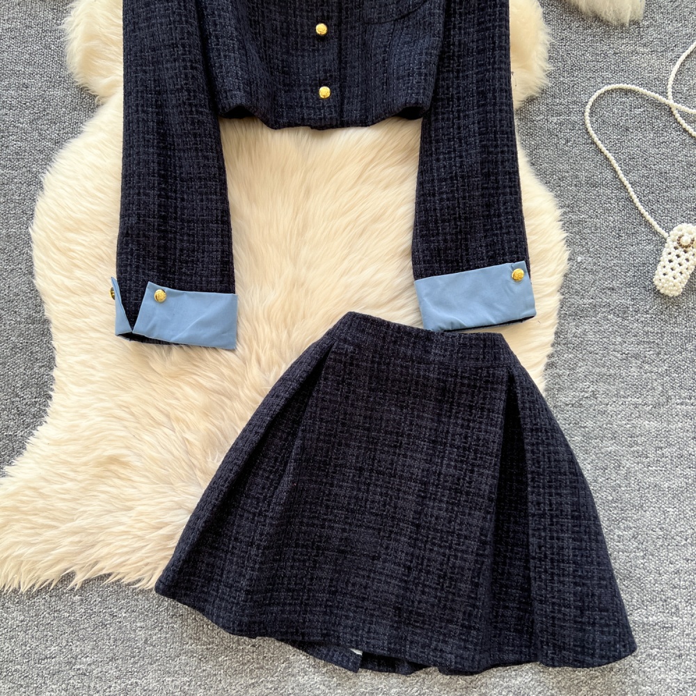 Pleated college style coat Pseudo-two skirt a set