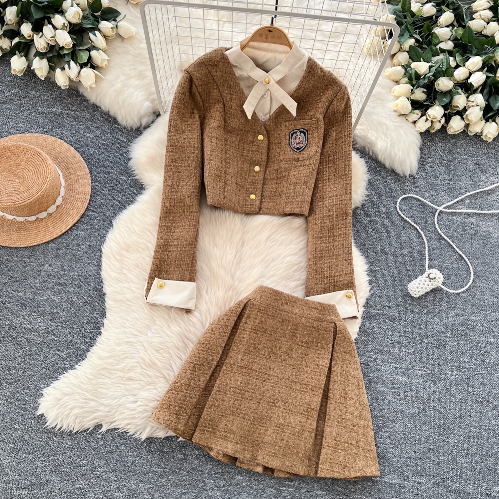 Pleated college style coat Pseudo-two skirt a set